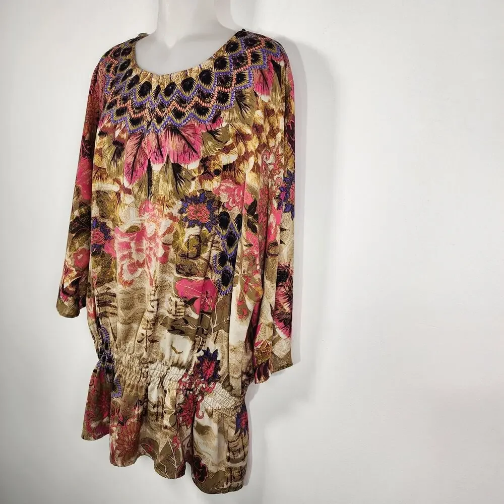 Chicos Peacock Floral Print Beaded Smocked Waist Blouse Size 3 US XL Artsy Boho